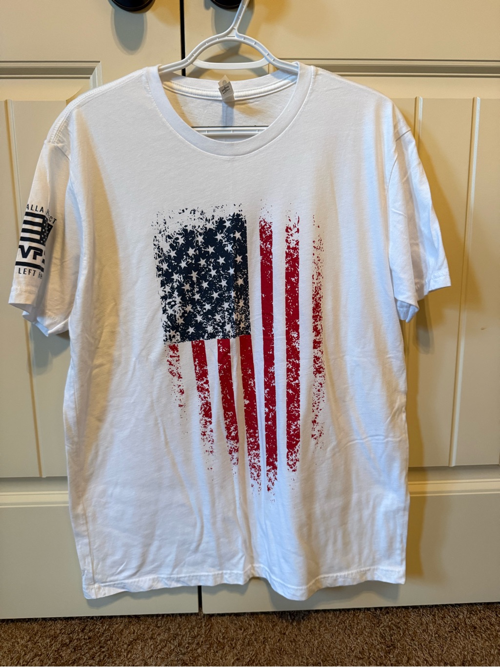 Til Valhalla Project White Tshirt With Distressed Red And Blue American Flag